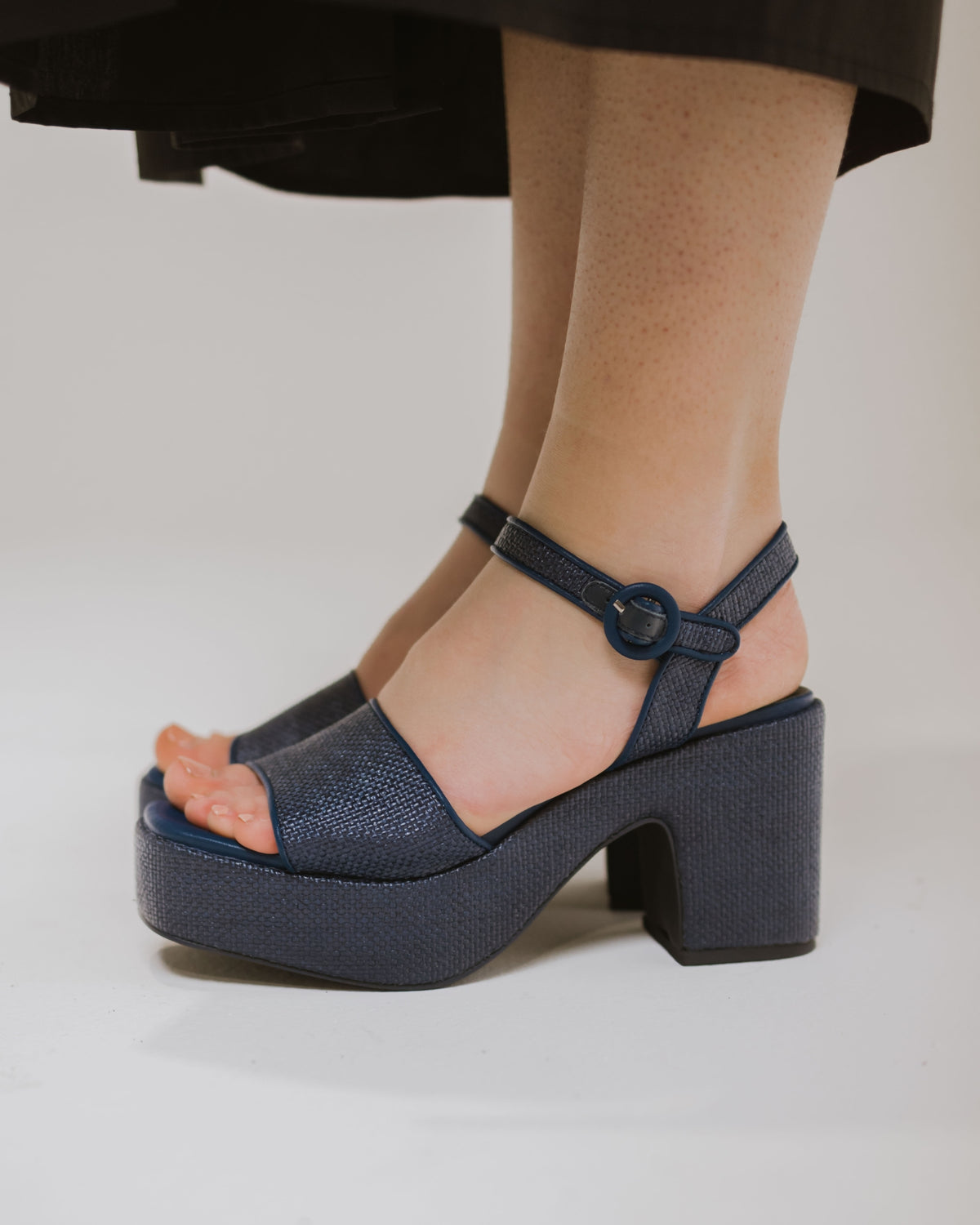 KENNEDY PLATFORM HEELS NAVY RAFFIA