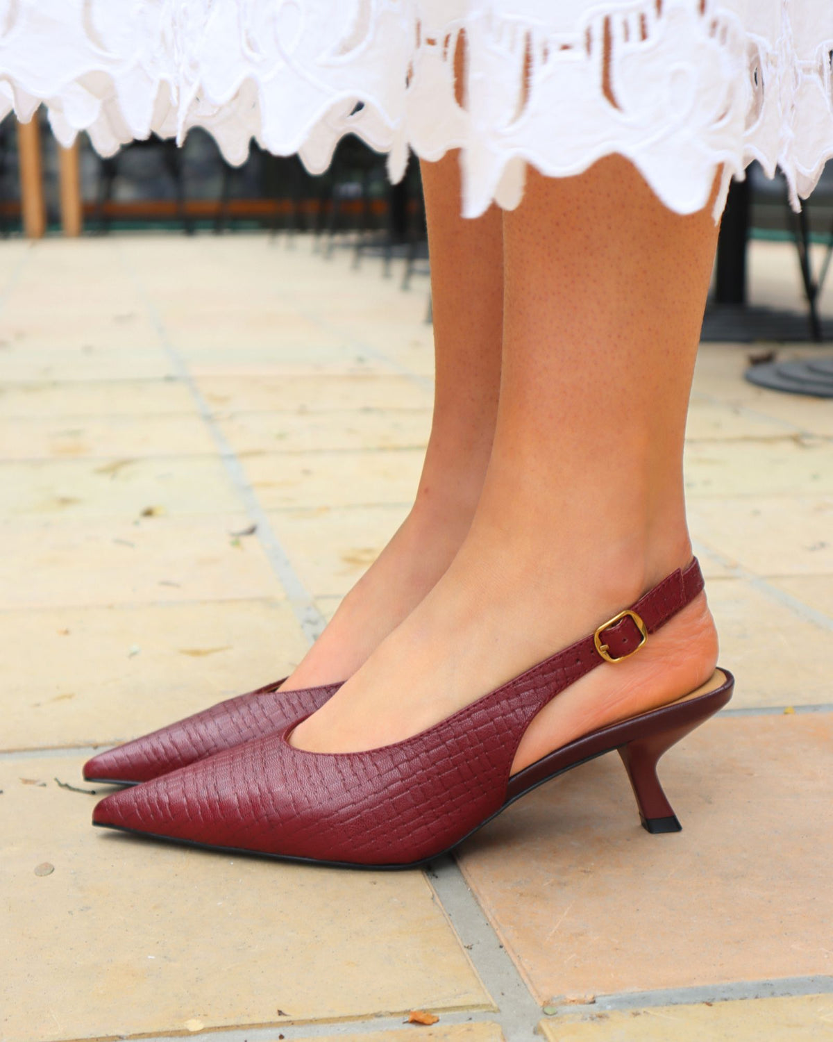 MONROE SLINGBACK HEELS BORDO PRINT LEATHER