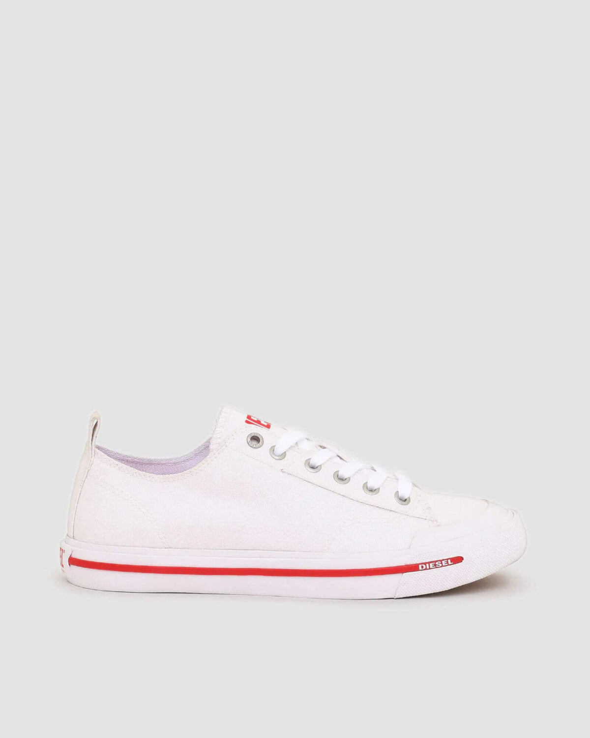 White sneaker with a red stripe on a light gray background