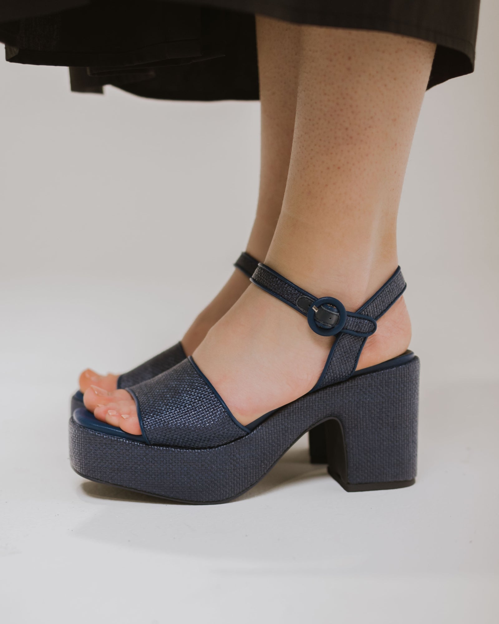 KENNEDY PLATFORM HEELS NAVY RAFFIA