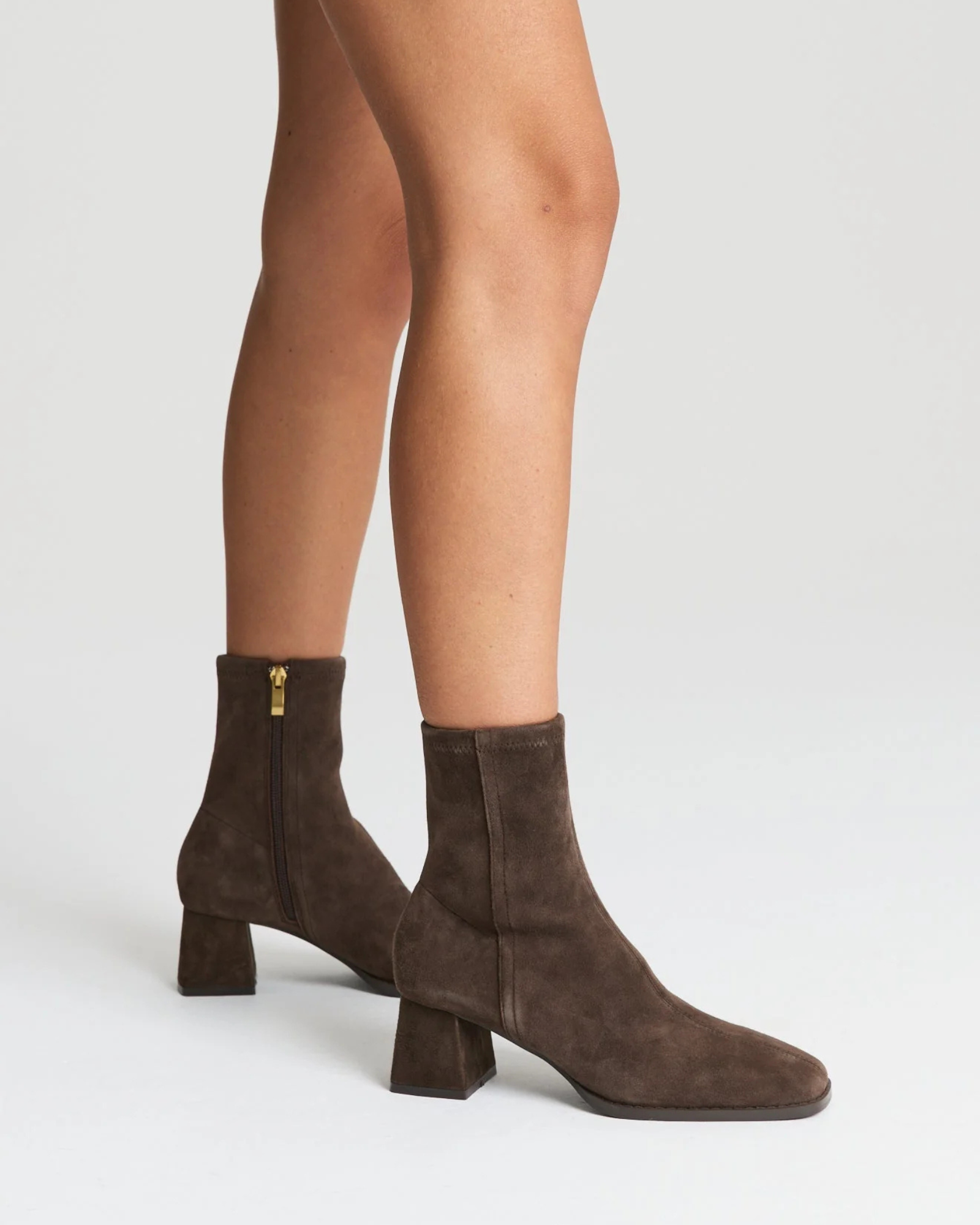 NOELLE BLOCK HEEL ANKLE BOOTS CHOCOLATE STRETCH SUEDE