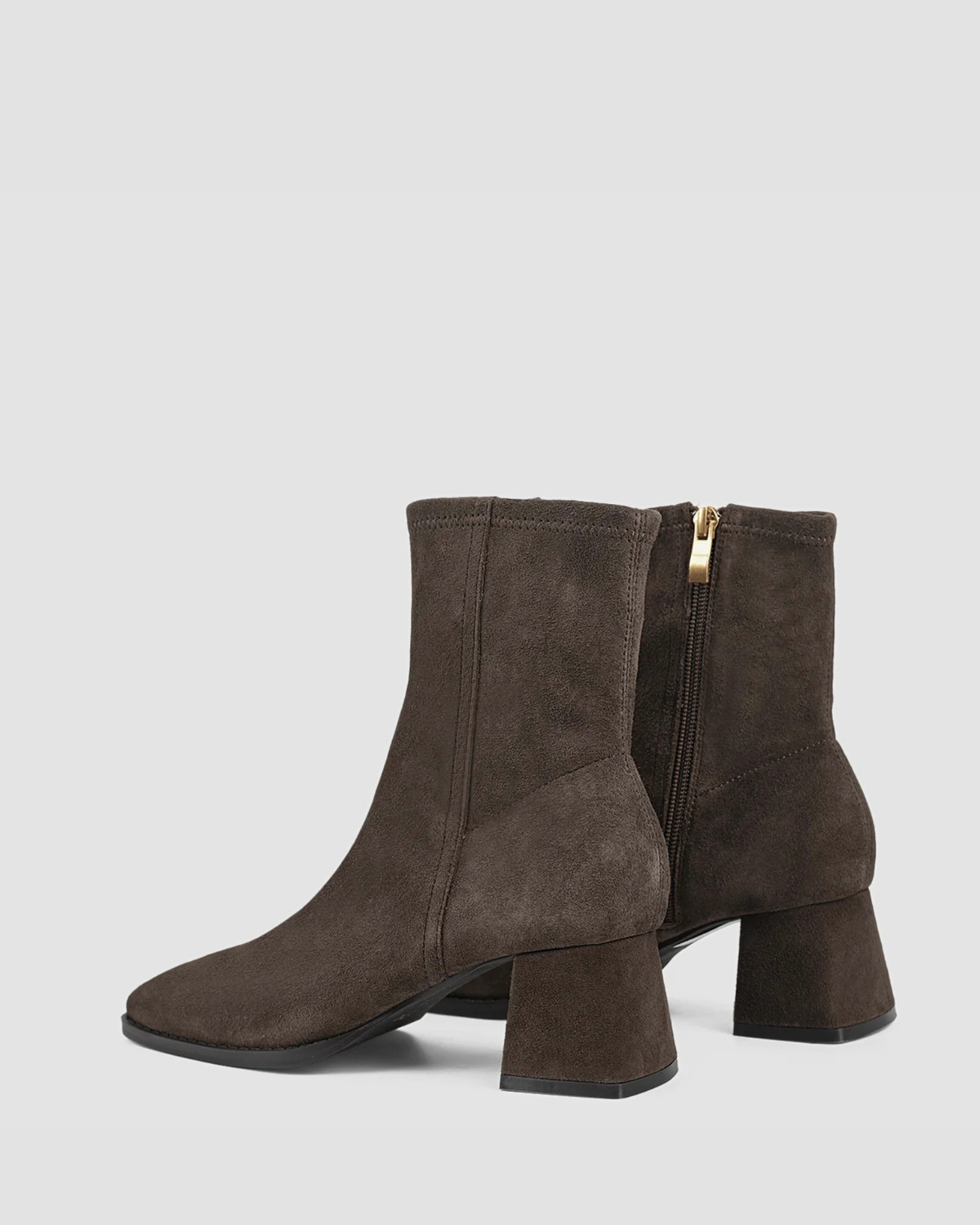 NOELLE BLOCK HEEL ANKLE BOOTS CHOCOLATE STRETCH SUEDE