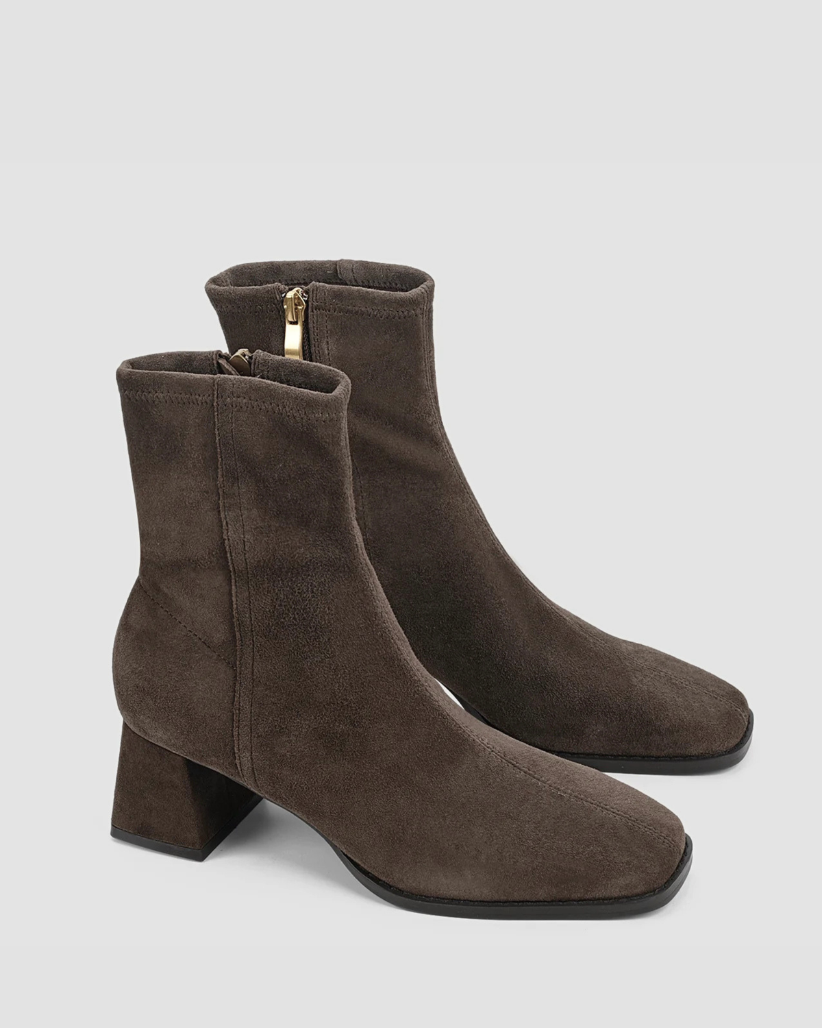 NOELLE BLOCK HEEL ANKLE BOOTS CHOCOLATE STRETCH SUEDE