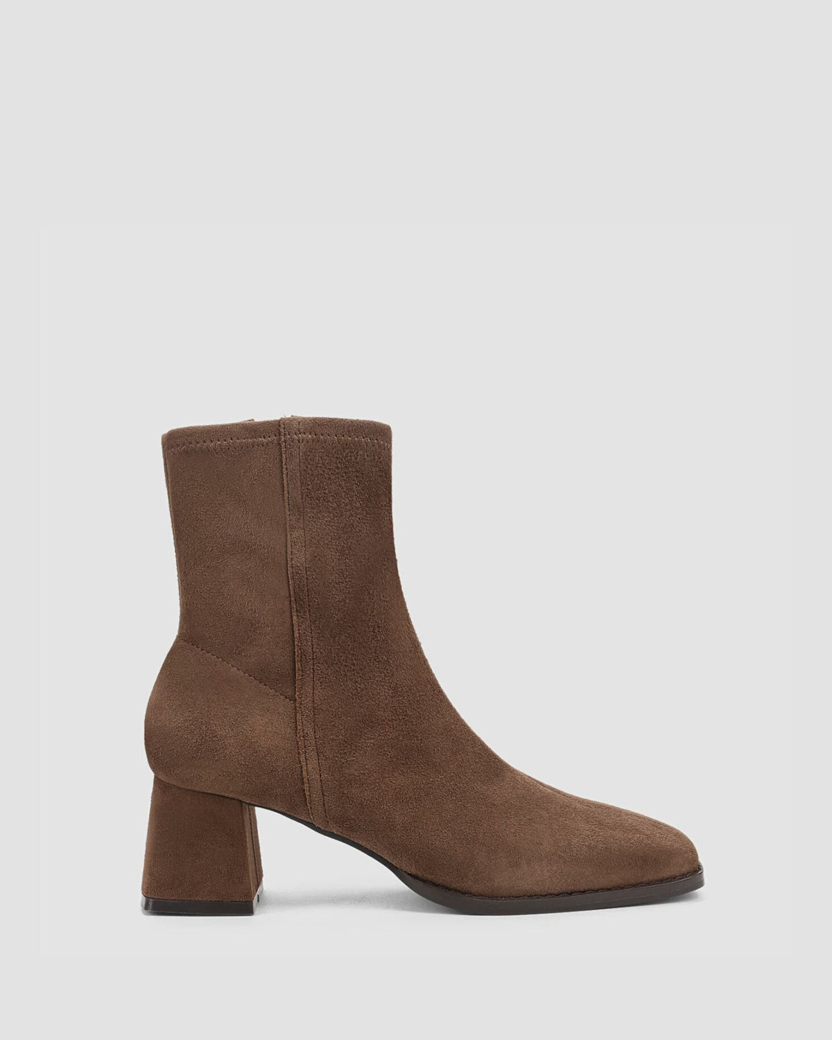 NOELLE BLOCK HEEL ANKLE BOOTS TOFFEE BROWN STRETCH SUEDE