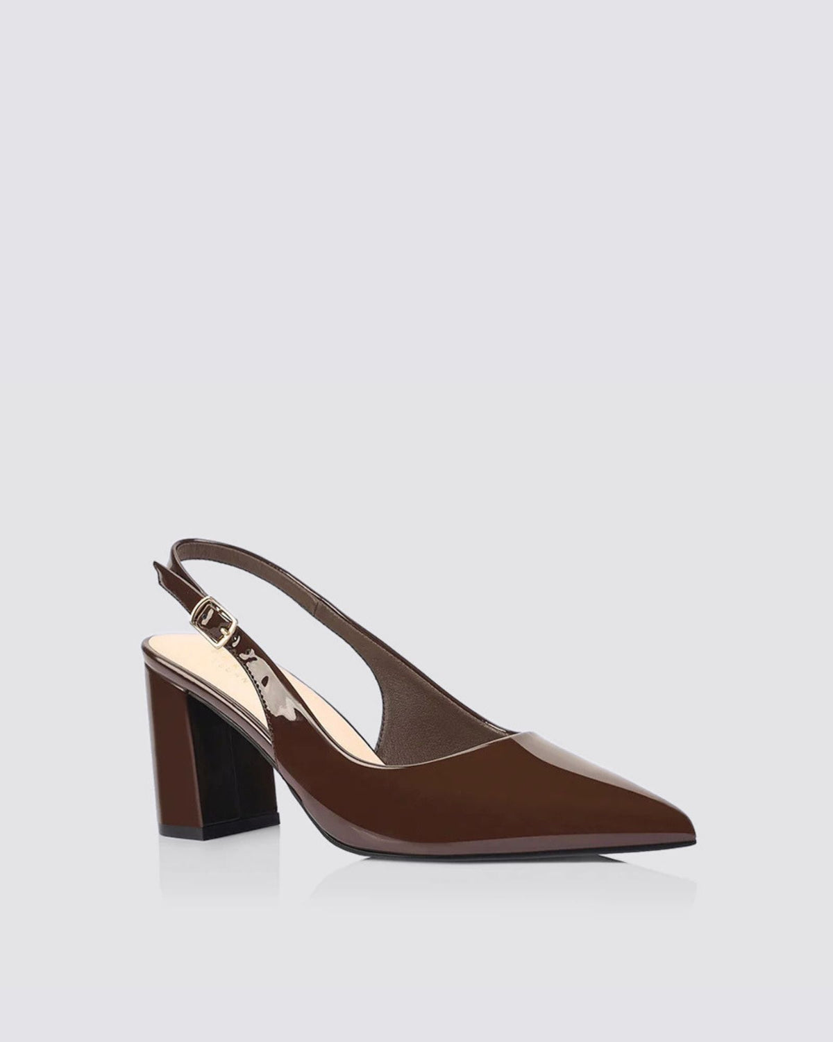 ELIO SLINGBACK BLOCK HEELS CHOCOLATE BROWN PATENT