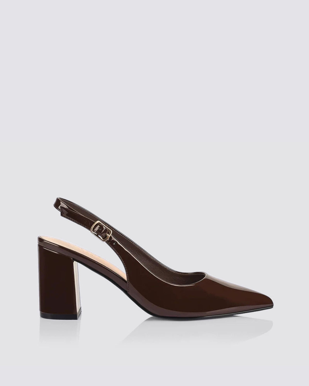 ELIO SLINGBACK BLOCK HEELS CHOCOLATE BROWN PATENT