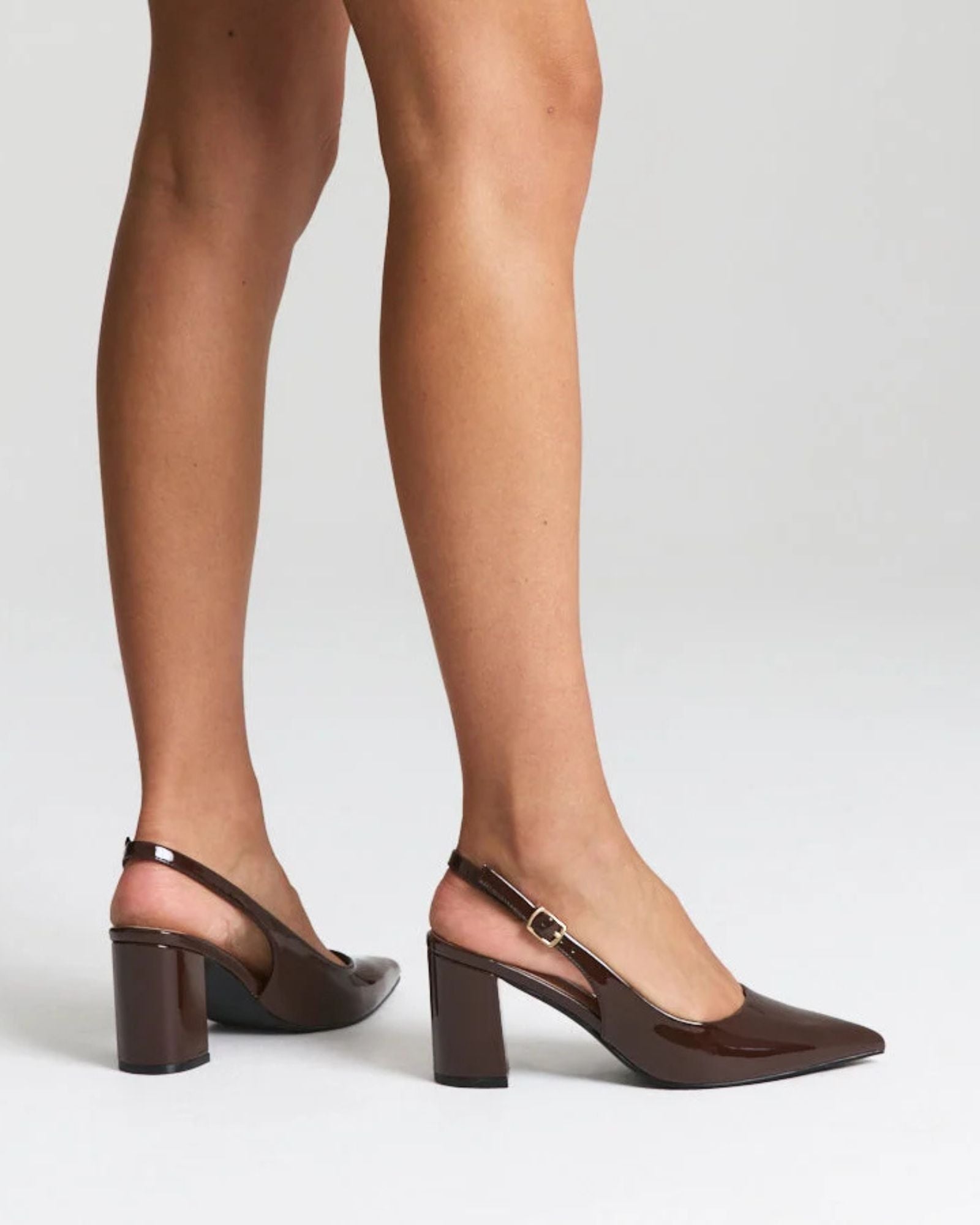 ELIO SLINGBACK BLOCK HEELS CHOCOLATE BROWN PATENT