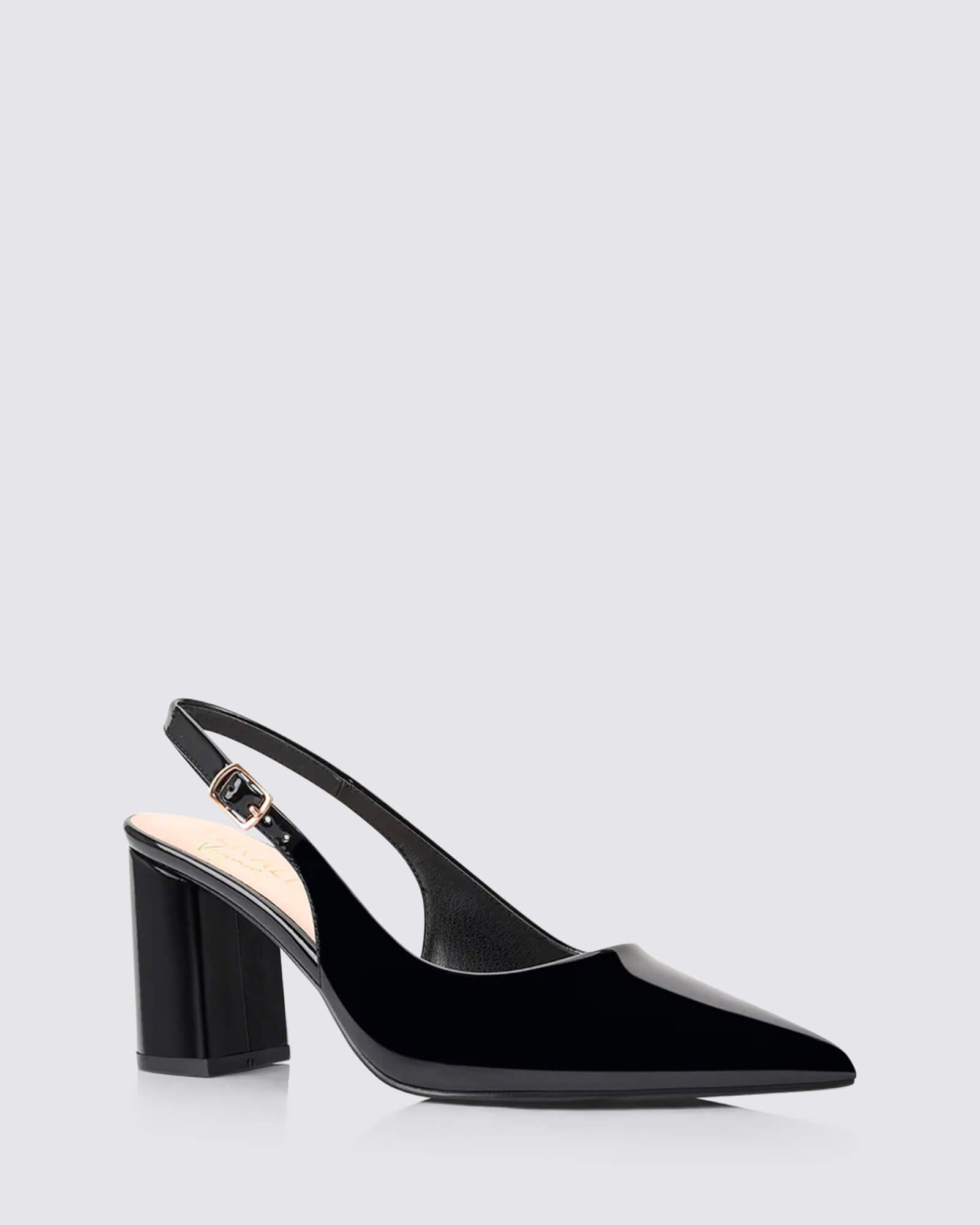 ELIO SLINGBACK HEELS BLACK PATENT