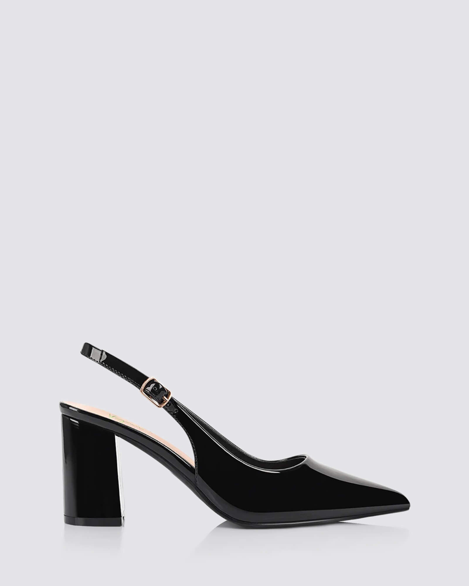 ELIO SLINGBACK HEELS BLACK PATENT